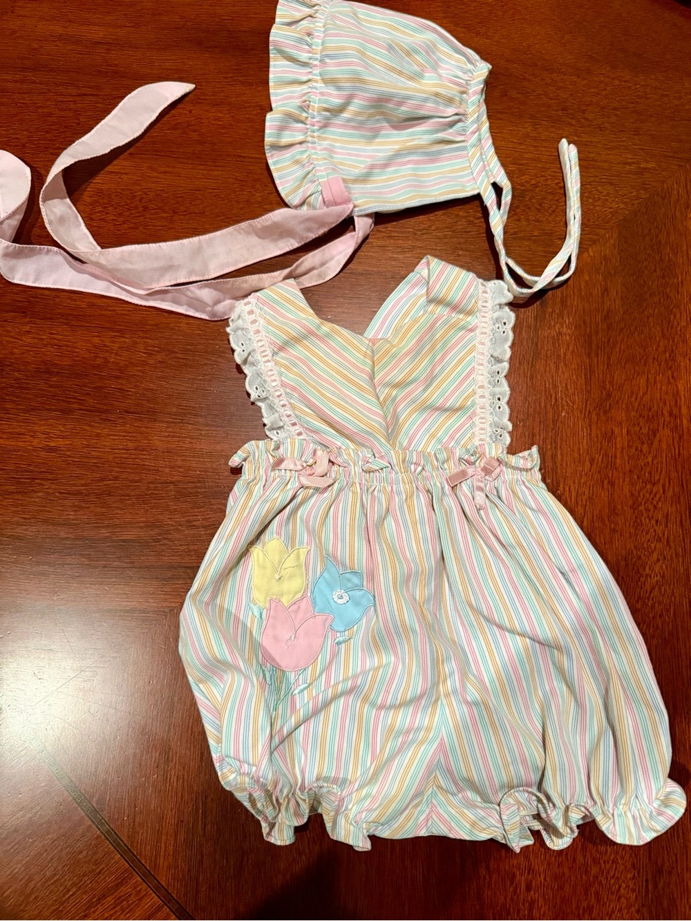 Striped Pastel Tulip Baby One-Piece Romper with Bonnet